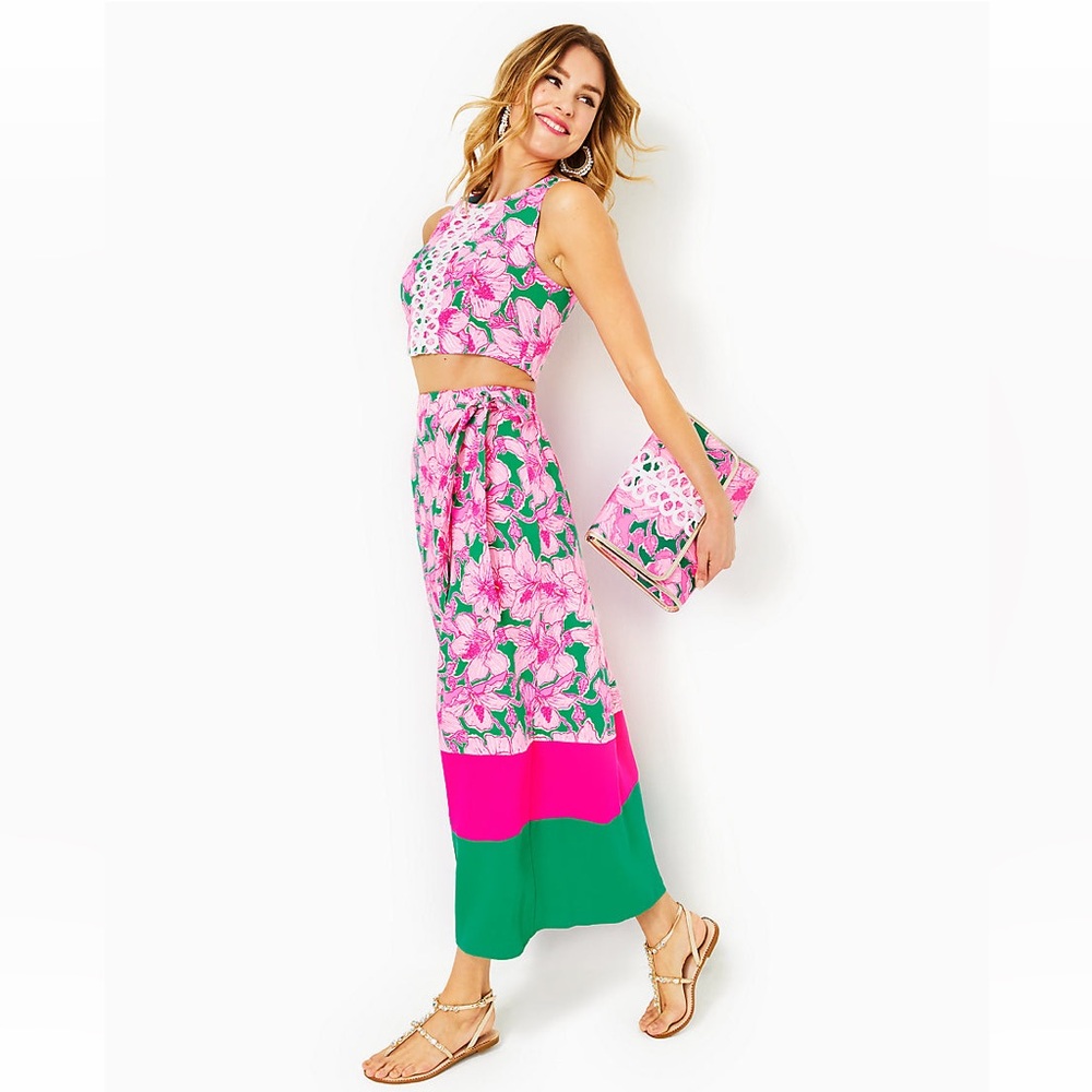 Lilly Pulitzer Leif Maxi Set Hibis Kiss Pink Green Size 8 - Picture 2 of 16